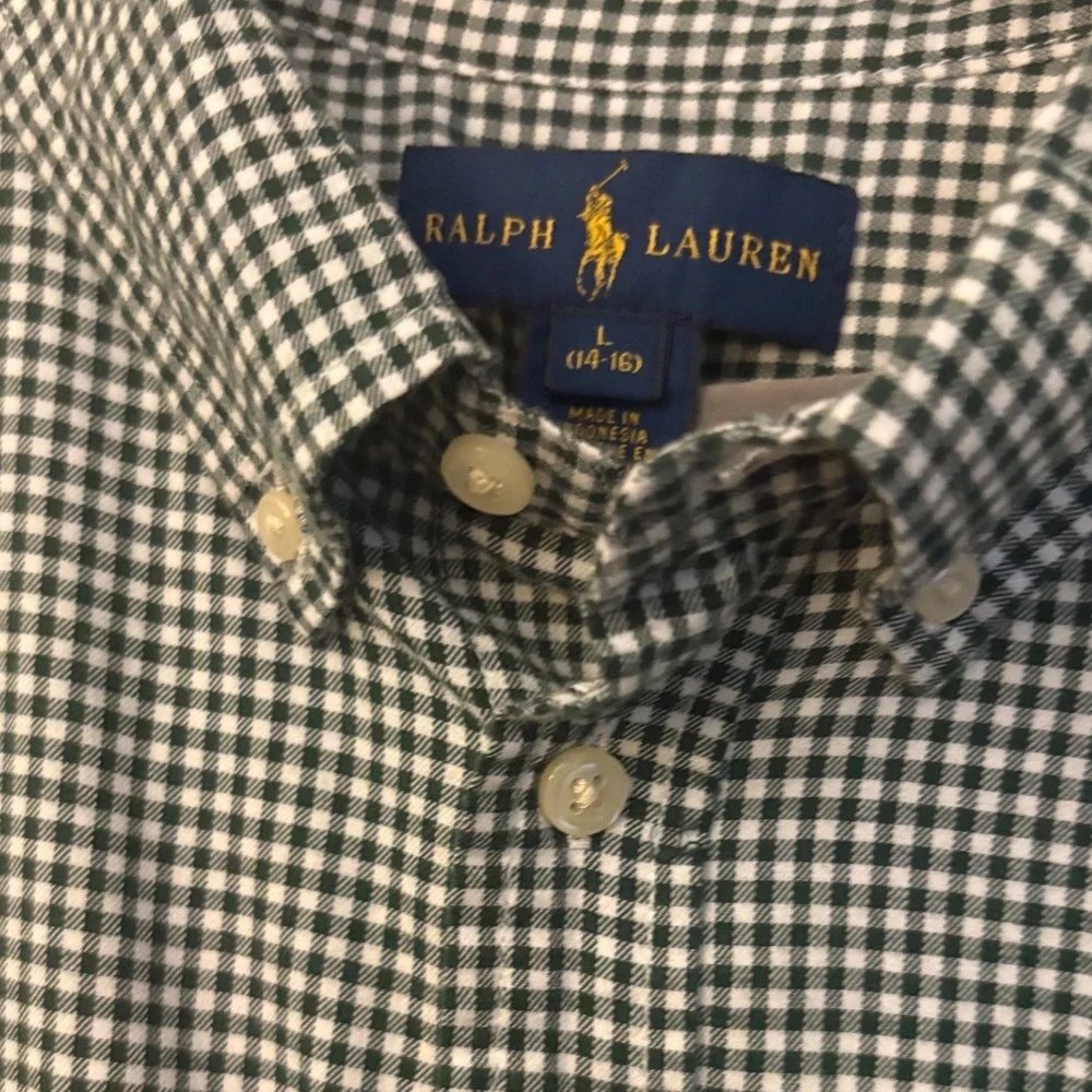 Ralph‎ Lauren Boys Green Gingham Button Down Shirt L 14-16 Cotton Long Sleeve